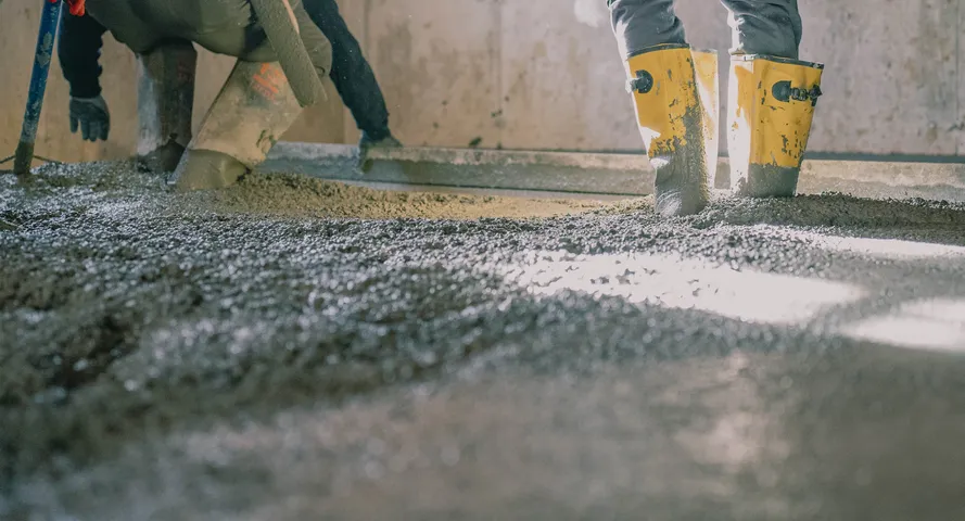 Workers finishing a freshly poured concrete surface
